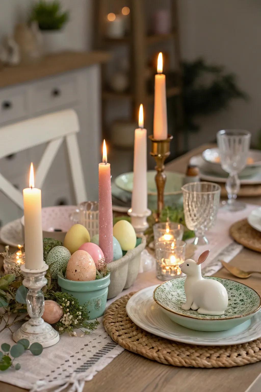 Candlelight contributes affection and allure to the Easter table arrangement.