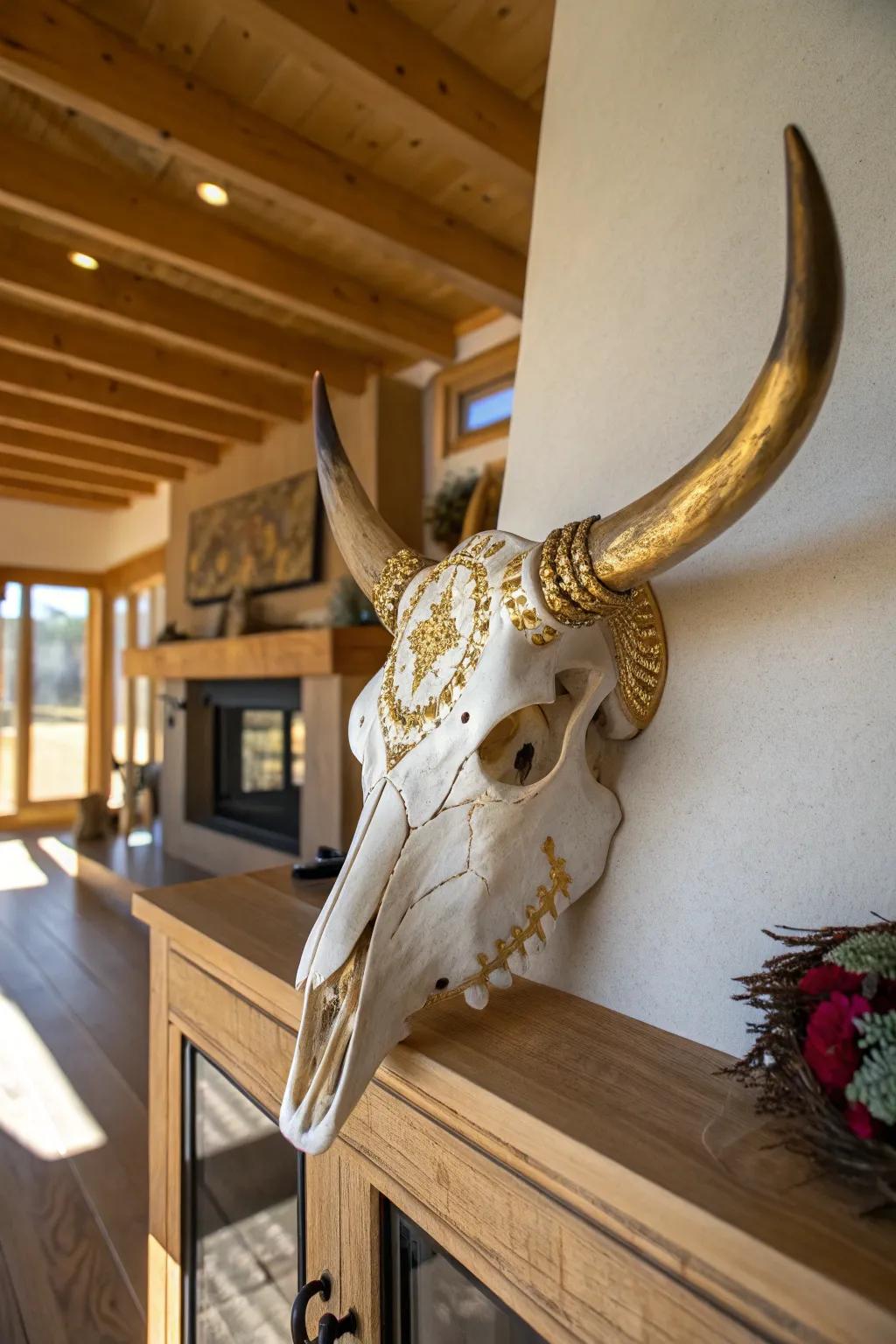Metallic accents enhance bovine skull decor with a touch of luxury.