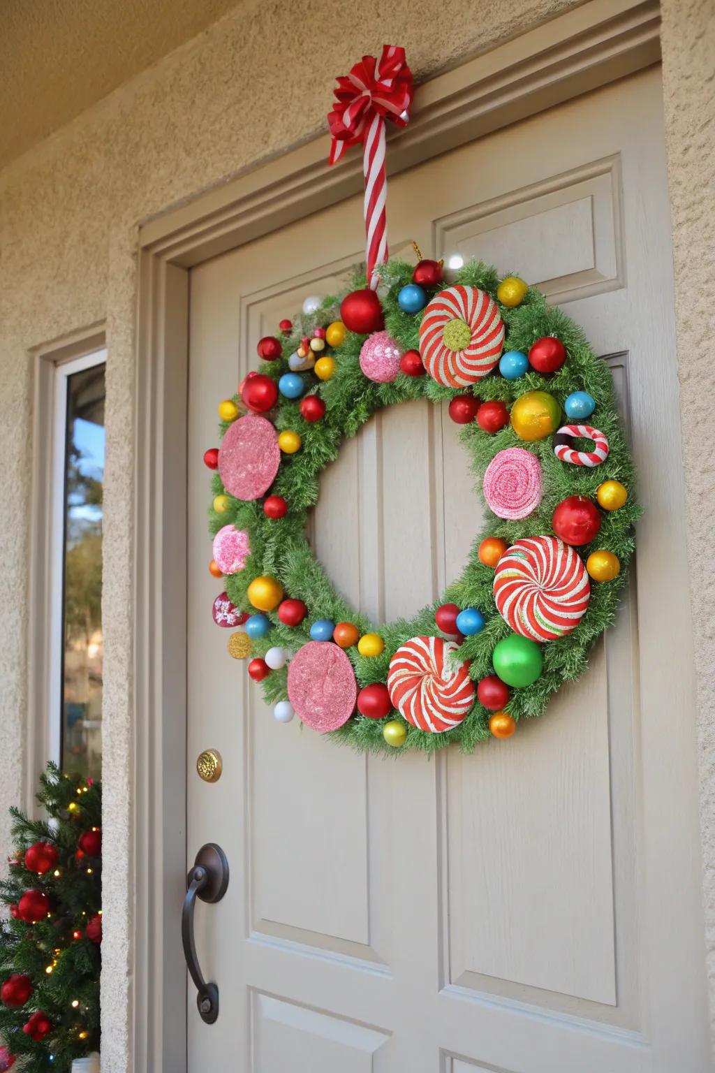 A sweet themed wreath appends a saccharine salutation to any abode.