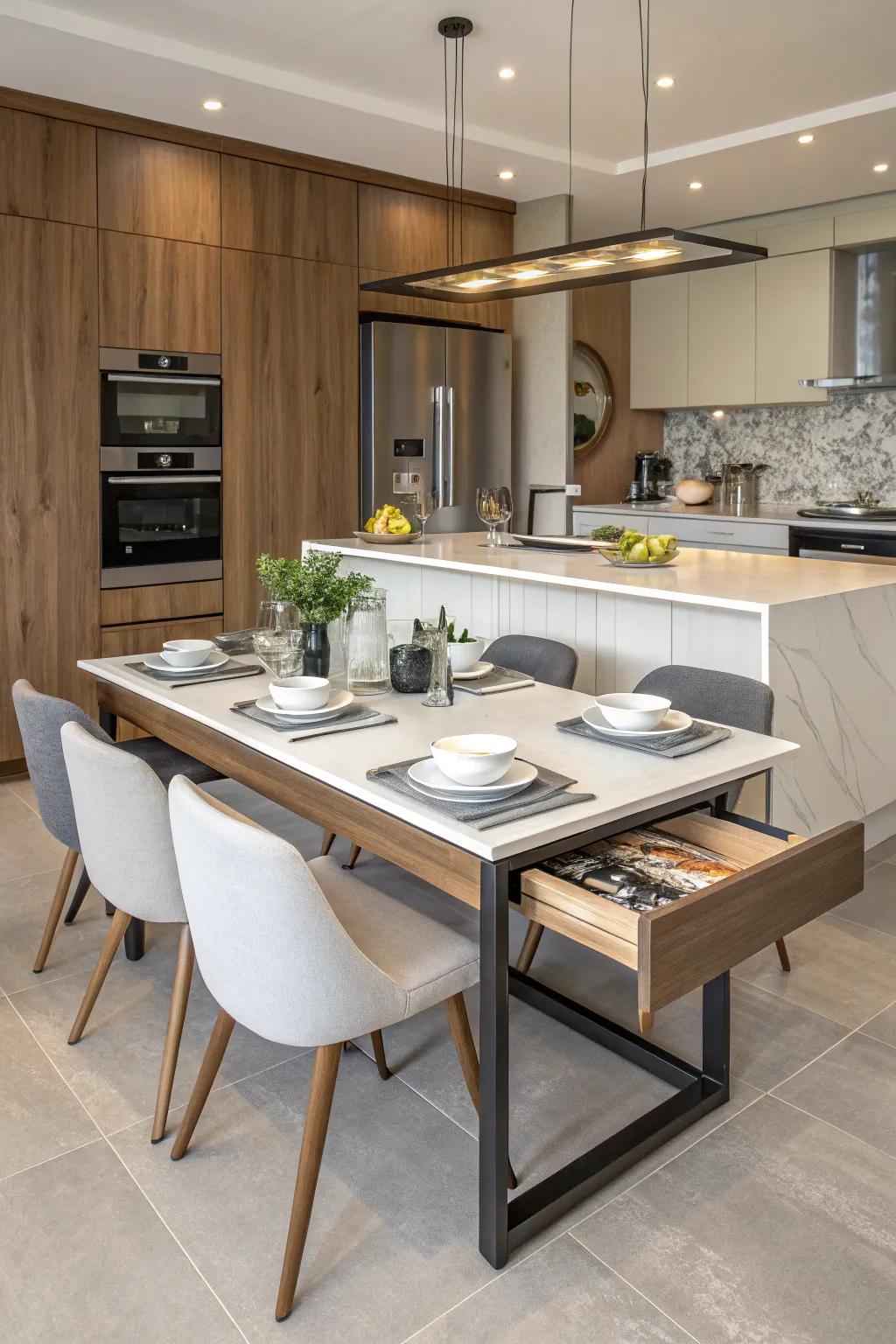 An island featuring an expandable counter for flexible dining options.