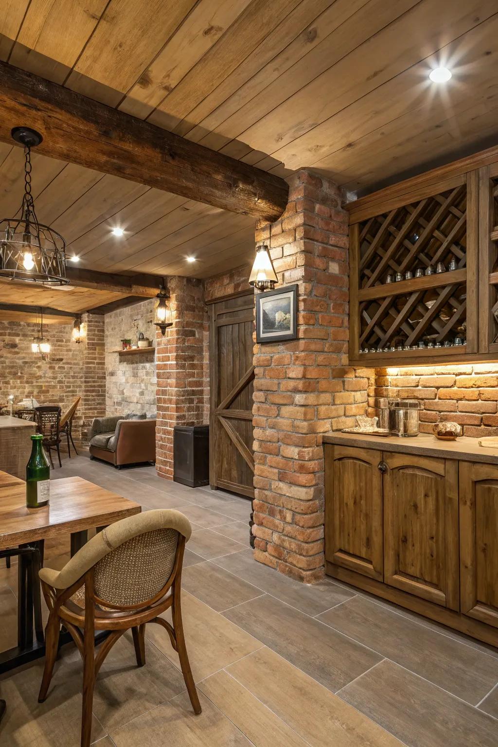 A cozy room decorated with repurposed wood and stones, radiating a welcoming and environmentally conscious atmosphere.