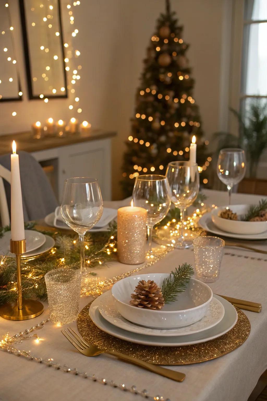 Fairy lights contribute to the sparkle of the New Year's table