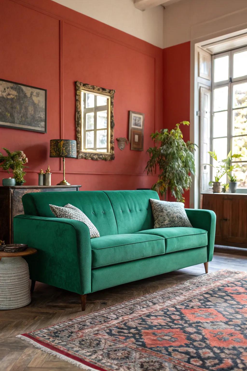 A bold accent wall highlights the emerald green sofa beautifully.