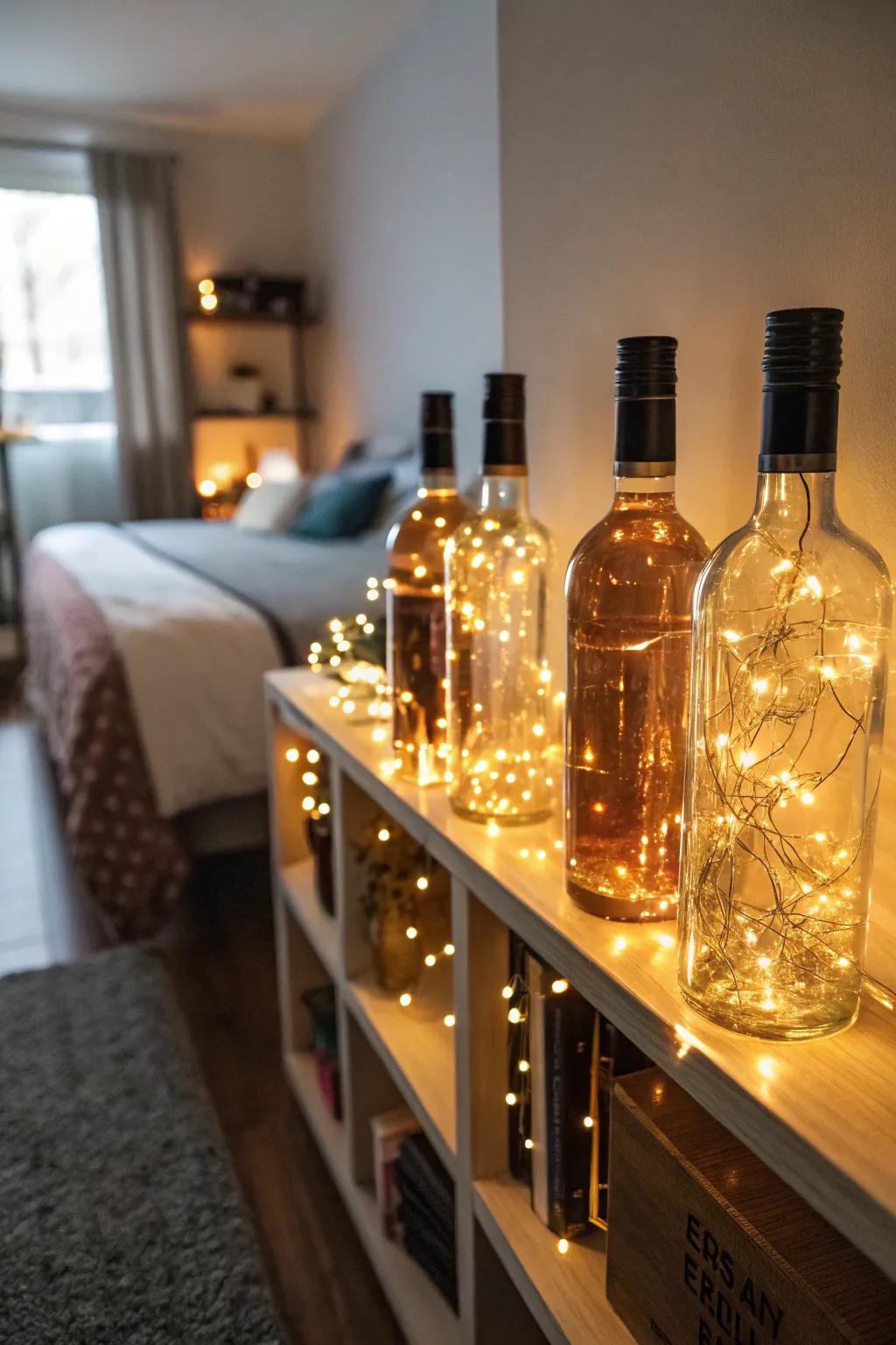 Create enchanting adornments with containers filled with miniature lamps.