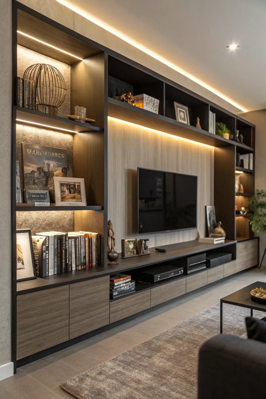 Integrated lighting introduces a warm shine to this entertainment space.