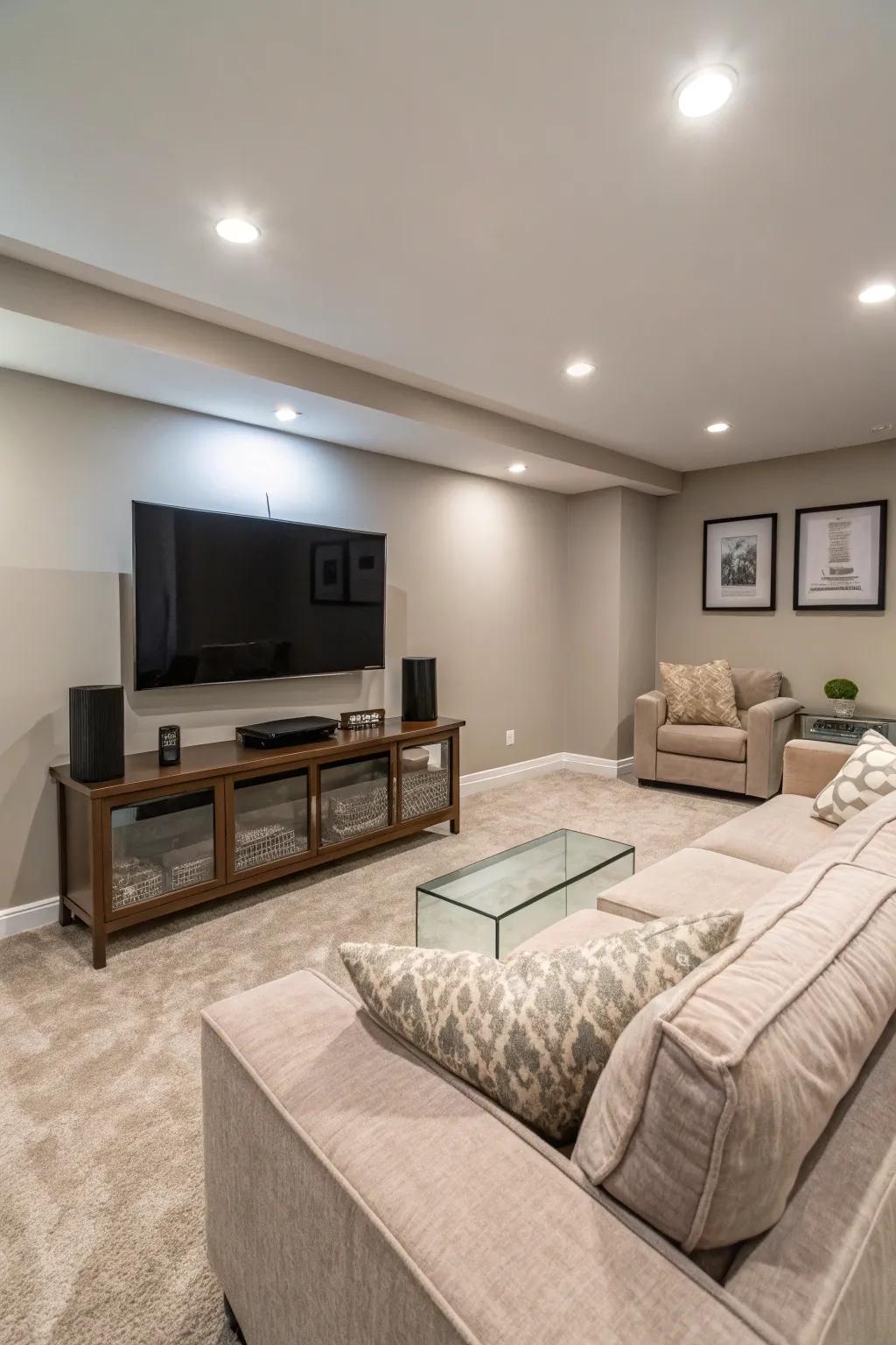 Appreciate contemporary minimalism through a neat and sophisticated entertainment area.