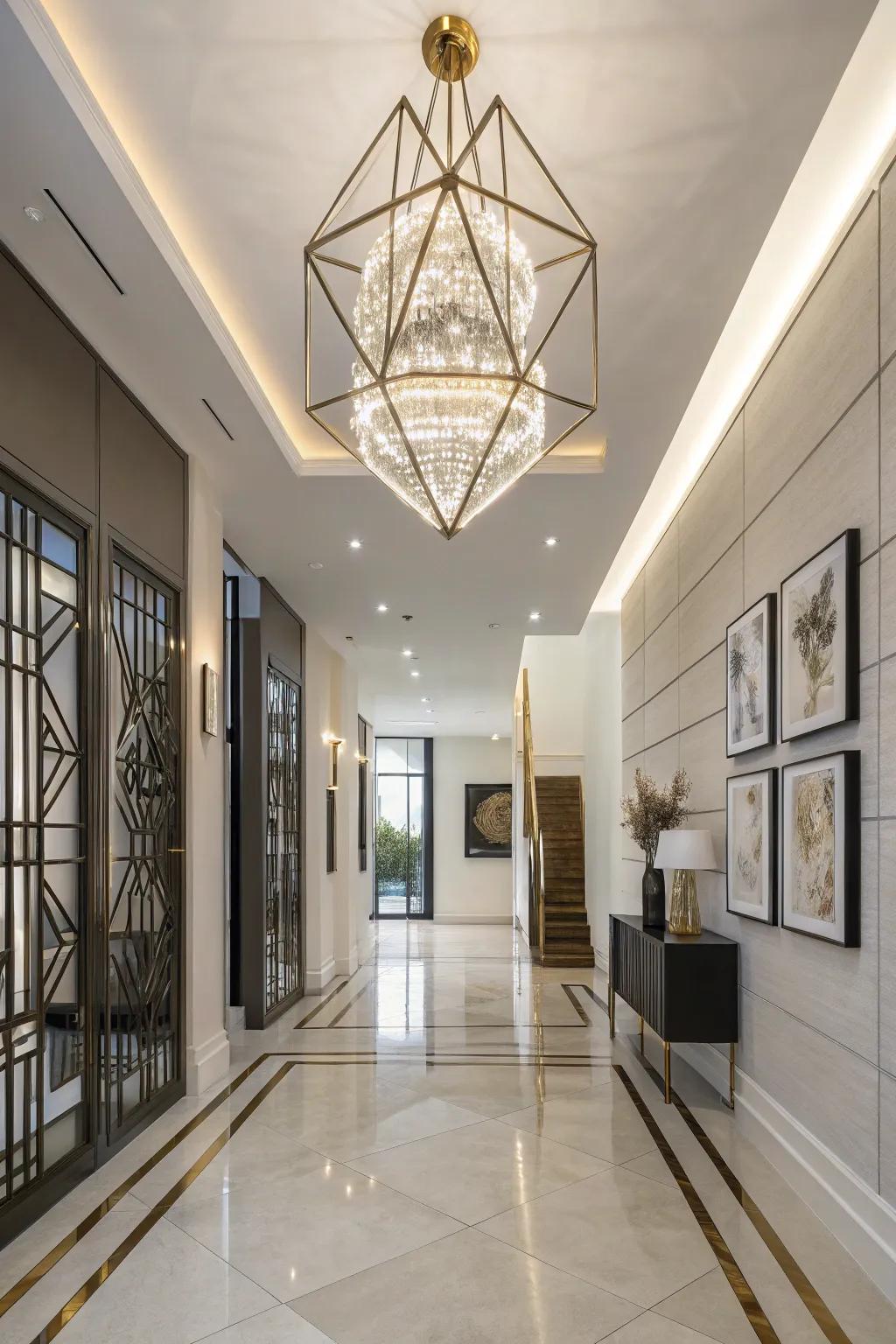 Geometric lighting injects a modern flair into this area.