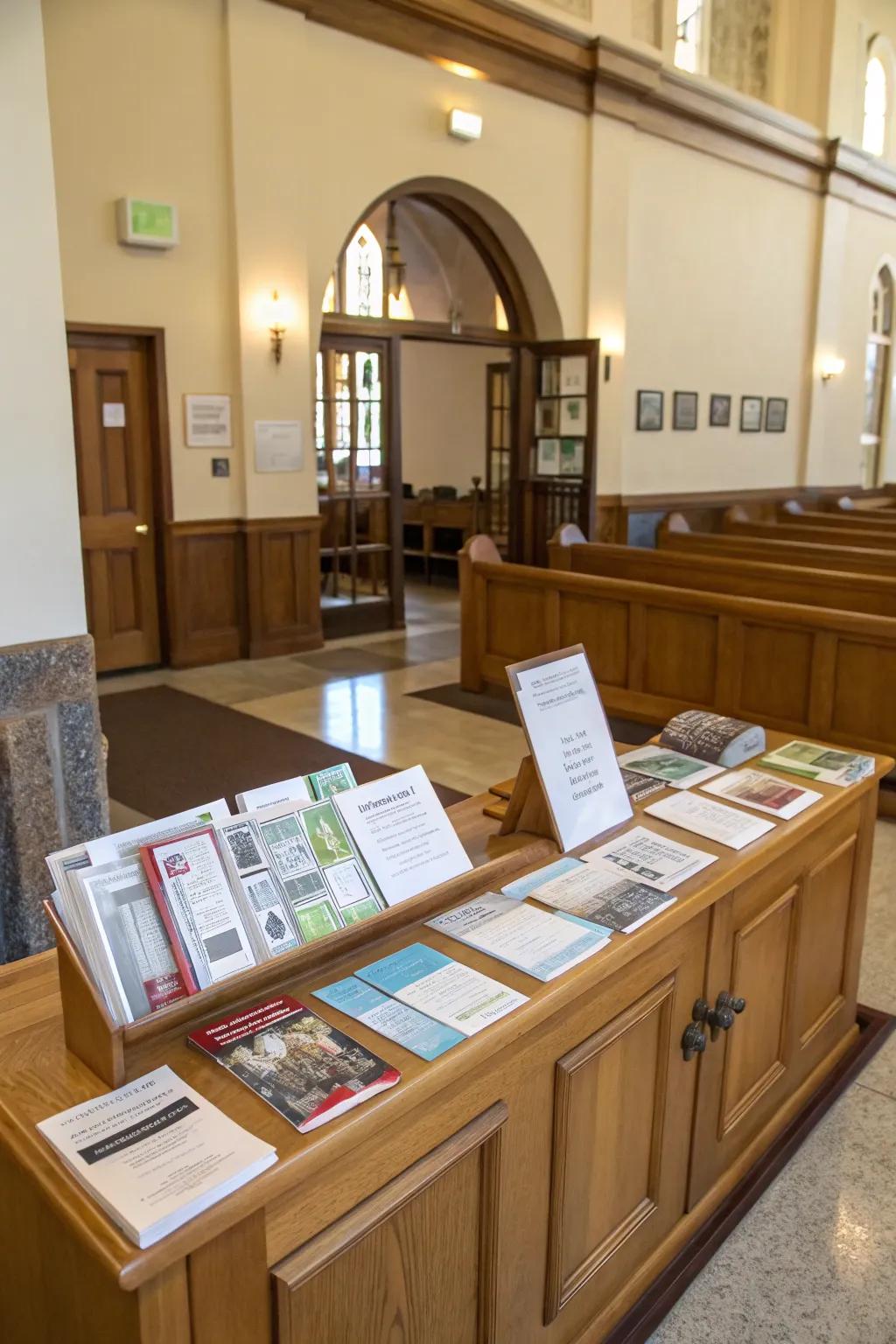A well-organized information center desk in the church foyer.