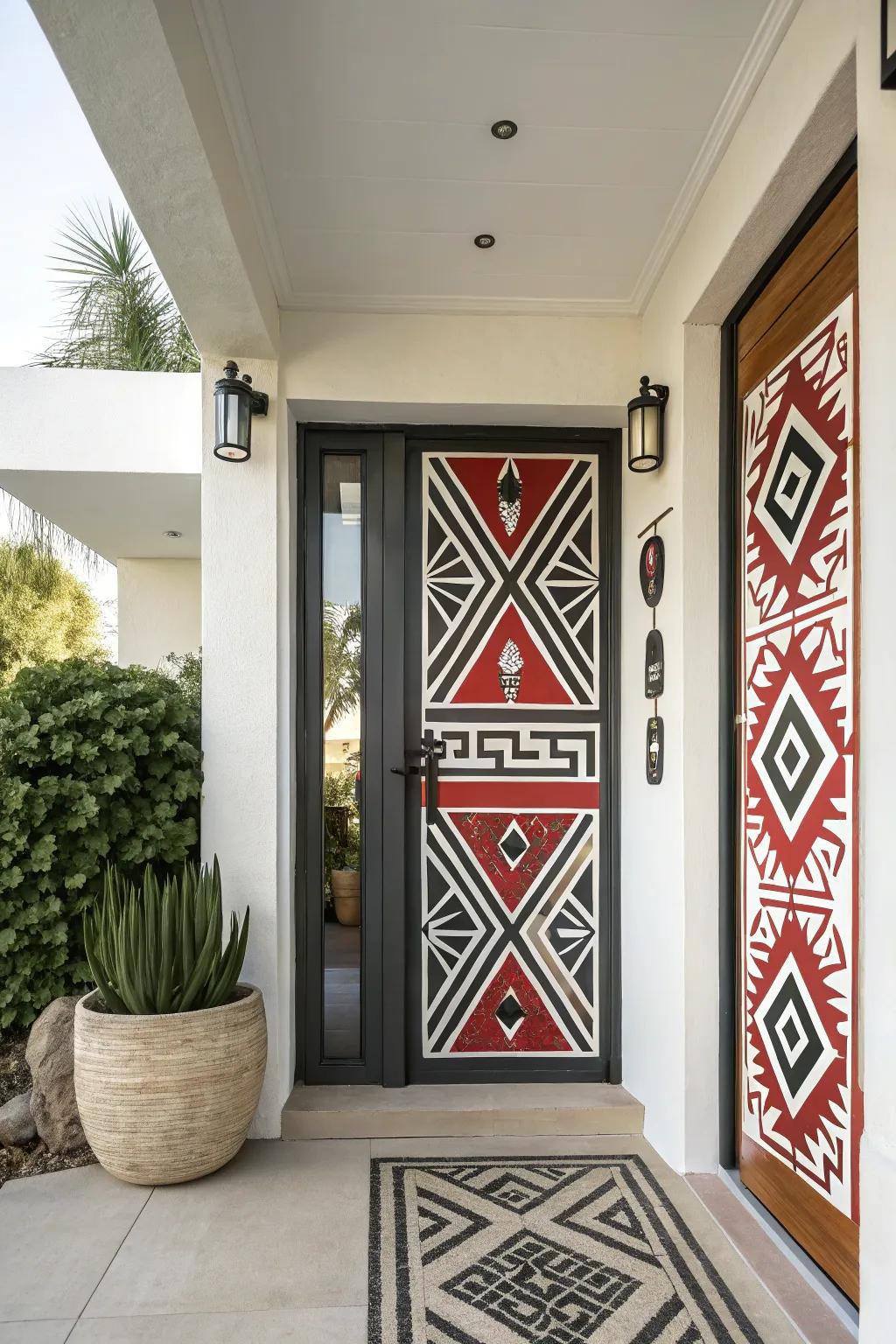 A front door featuring bold geometric patterns.