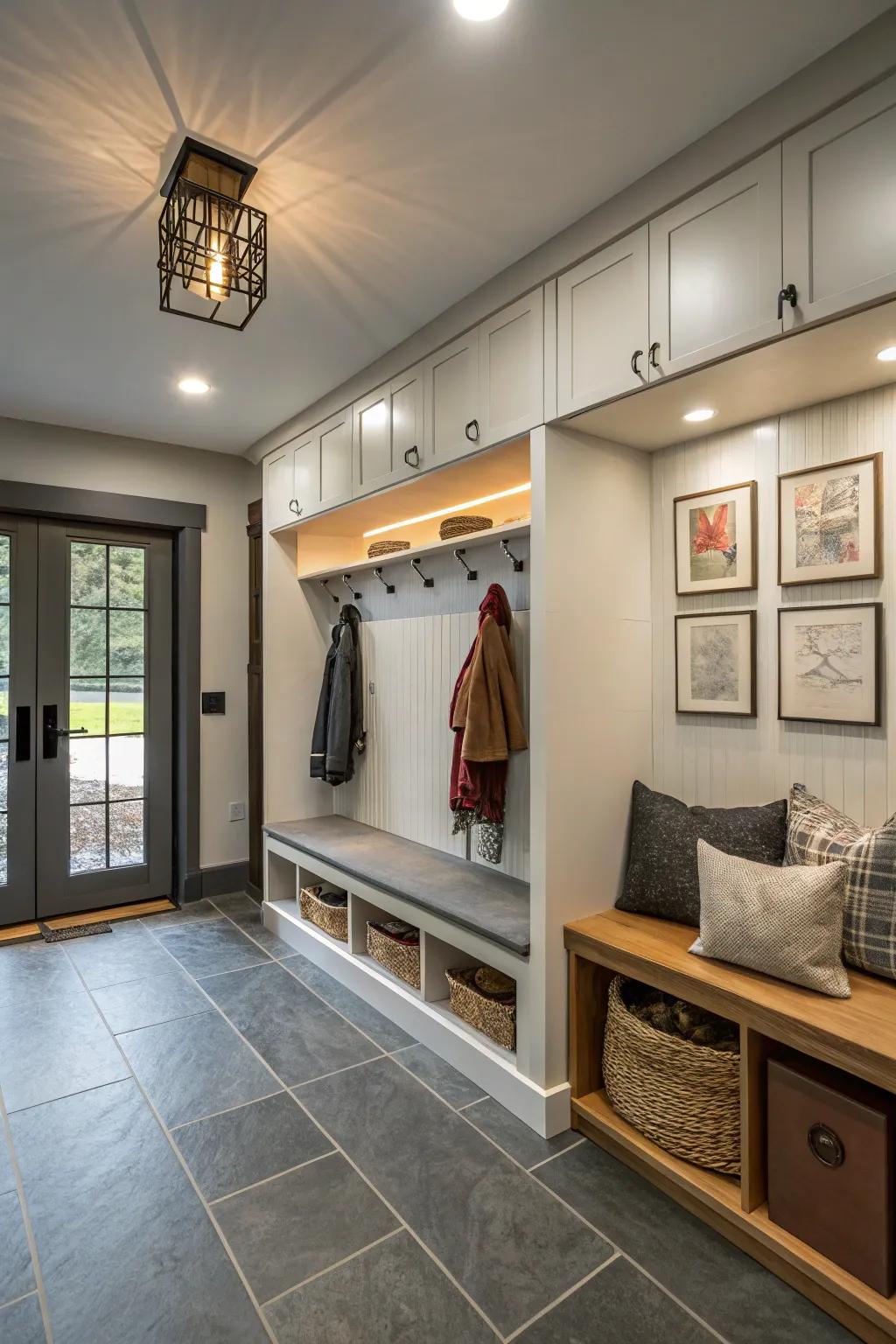 Appropriate illumination transforms this mudroom into a radiant, welcoming area.