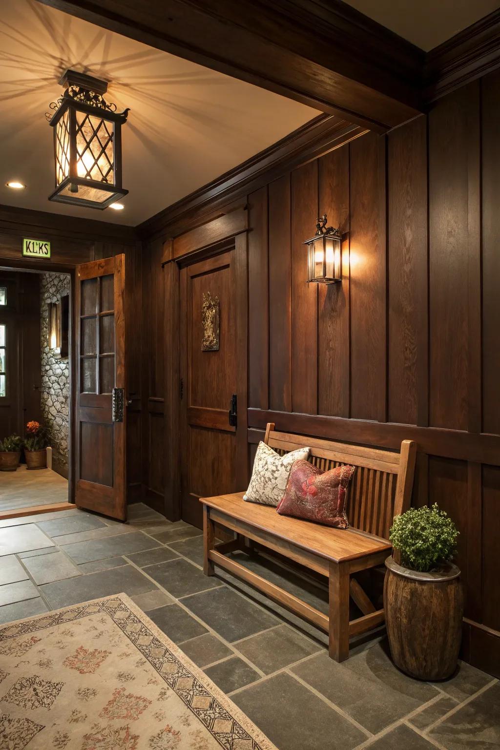 Establish intimacy with dark timber tones.