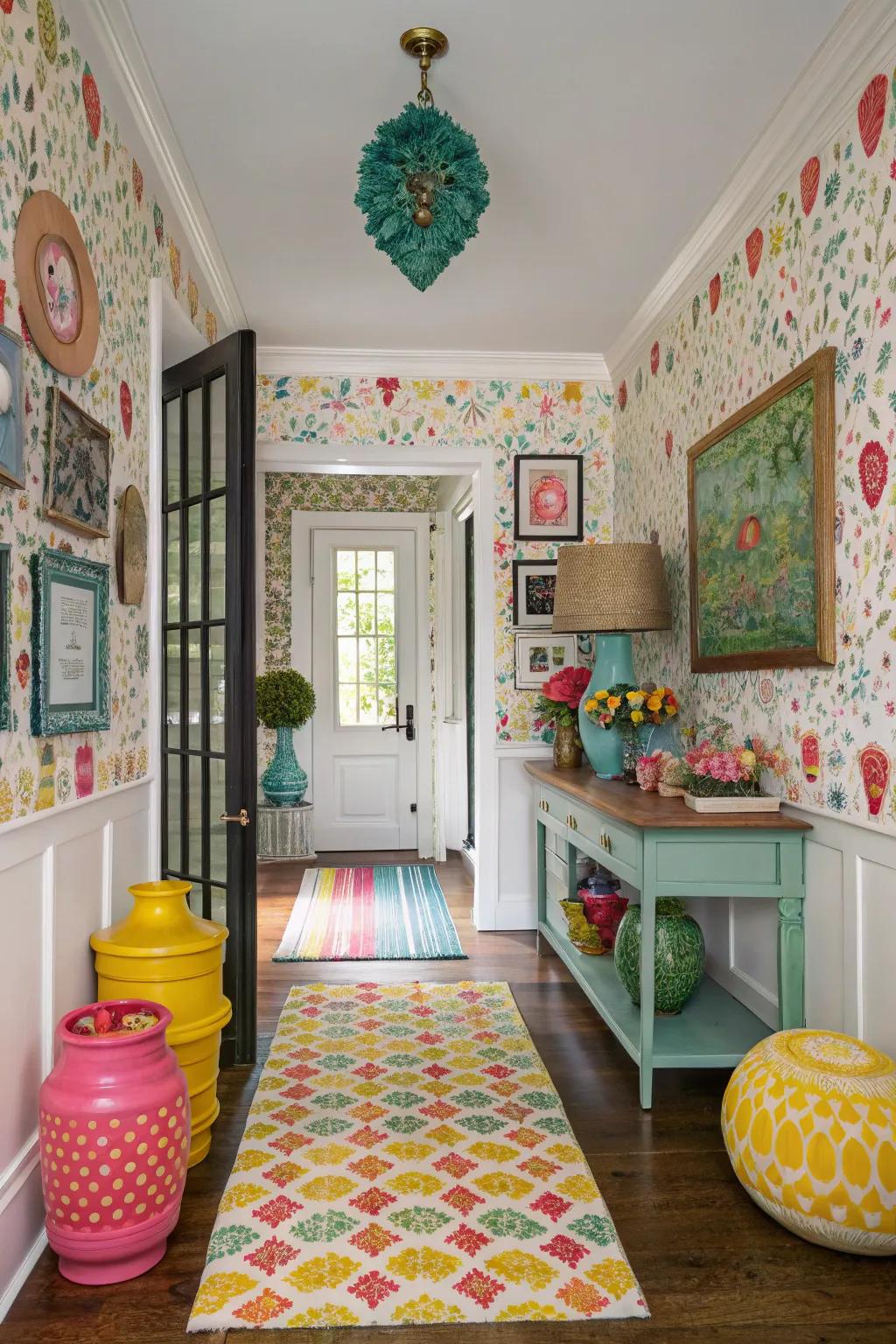 A vibrant entryway showcases eclectic wallpaper, reflecting a personalized style.