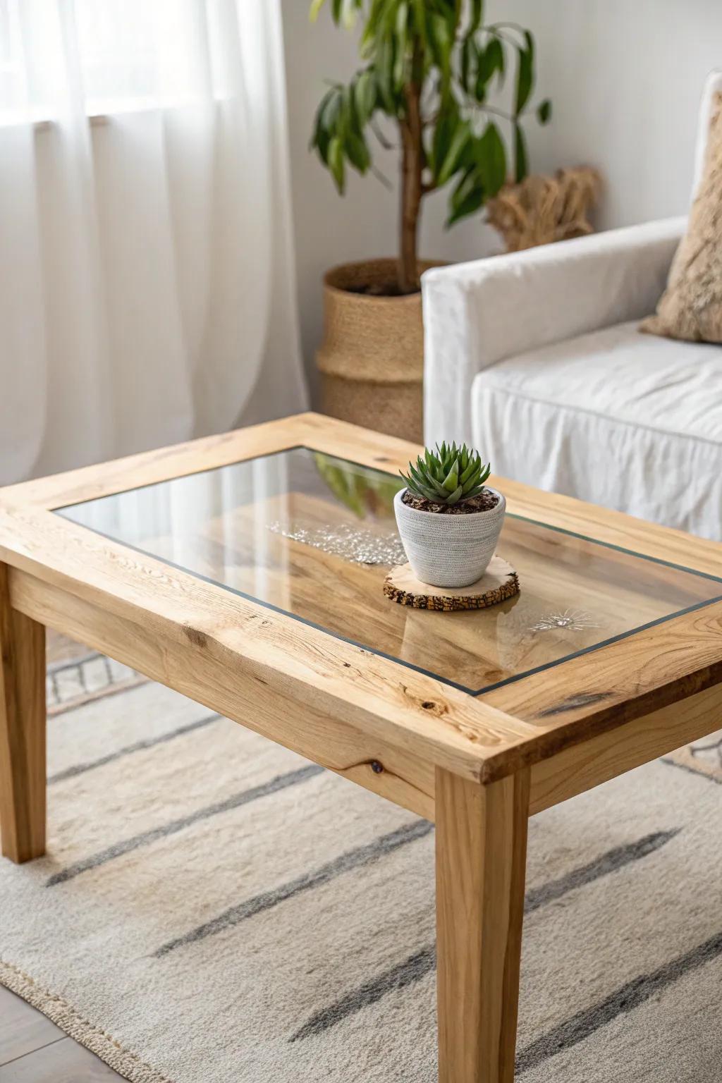 Embrace minimalism and intrinsic splendor through a transparent epoxy inset that pays homage to the wood's distinct essence. #ScandinavianDesign #BohoChic