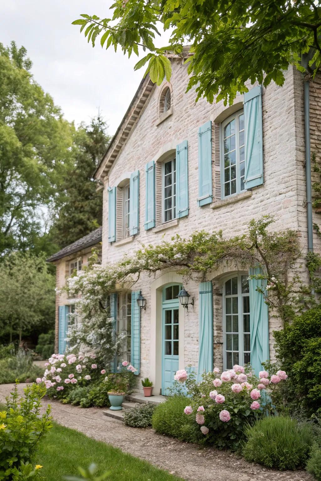 Lime-washed brick and soft blue exude vintage charm.