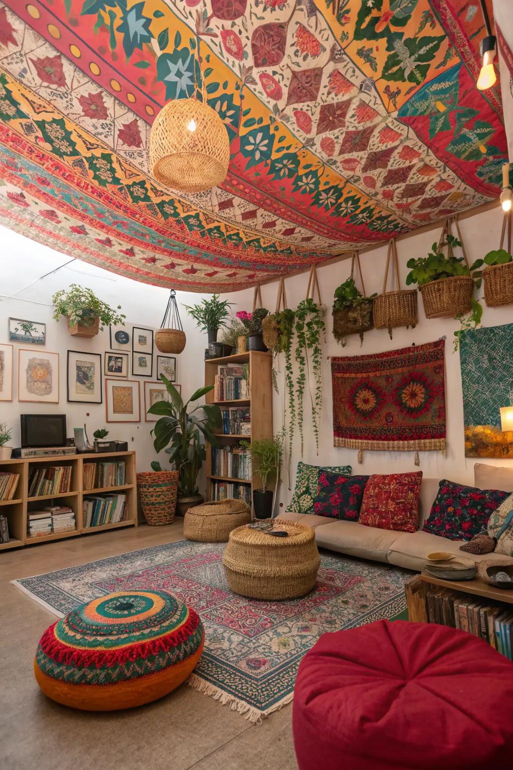 Infuse bohemian flair with a patterned fabric ceiling.