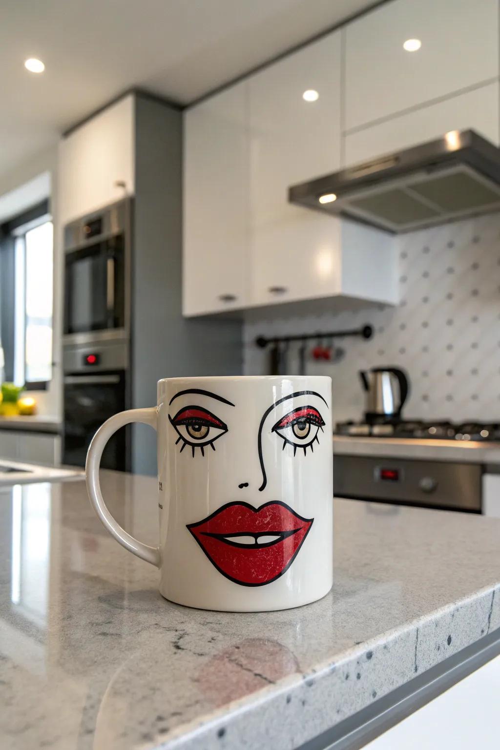 A quirky facial mug featuring oversized lips for a fun, unconventional look.
