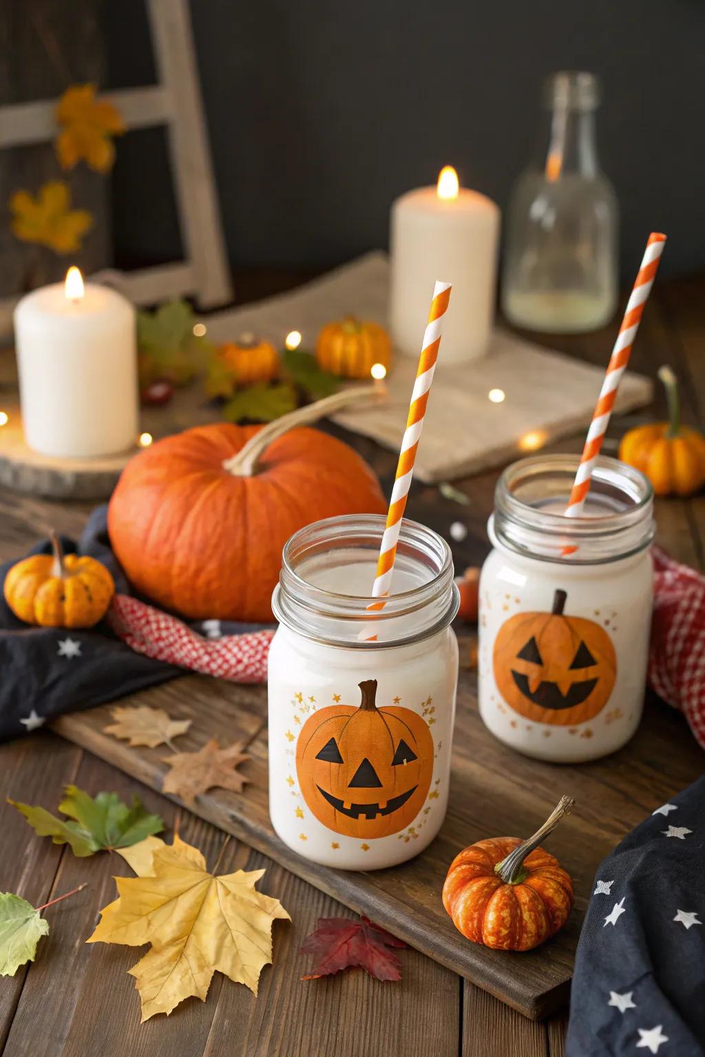 Homespun glass preserving jars with pumpkin designs.