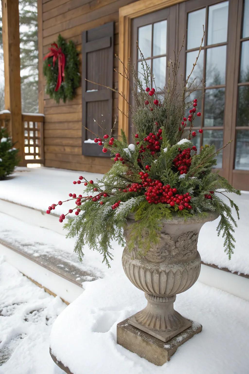 Celebratory berry sprigs and evergreens within an autumnal pot.