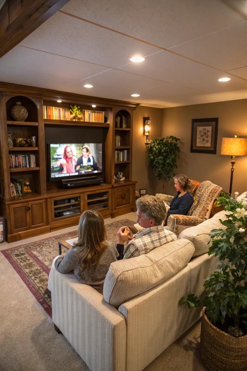 Comfortable seating arranged for both TV viewing and conversation.