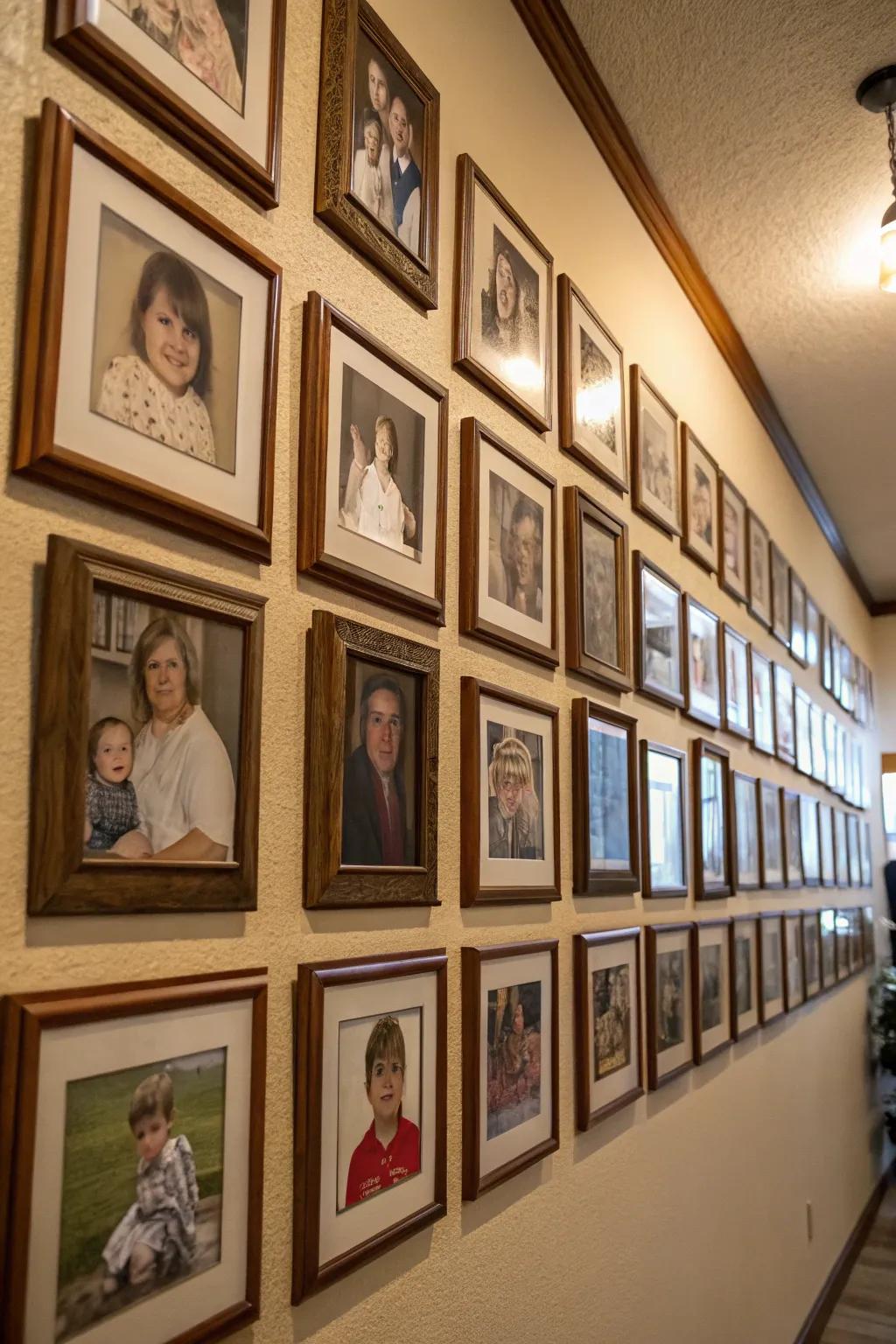 A symmetrical arrangement of family photographs generating a harmonious display.
