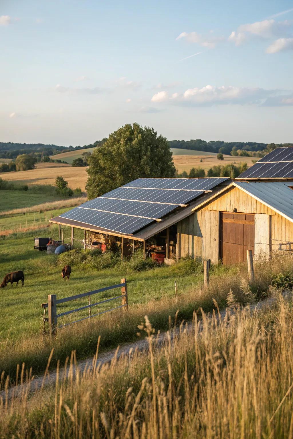 Effective energy collectors on a barn roof, powering the farm sustainably.