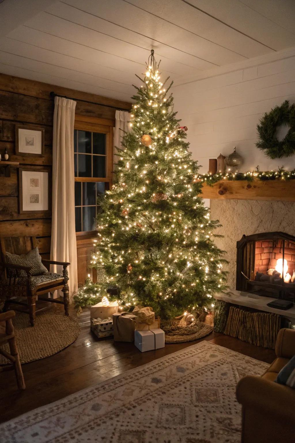 Welcoming Warmth engulf this farmhouse Christmas tree in a magical radiance.