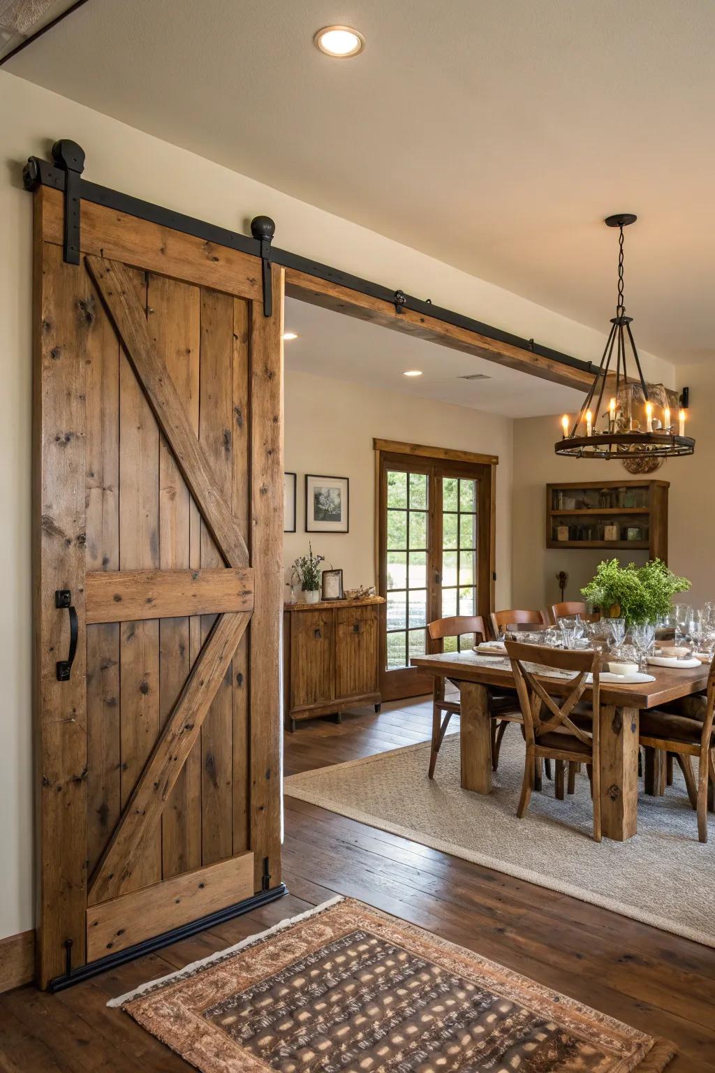 A barn door adds character and practical design to this farmhouse dining area.