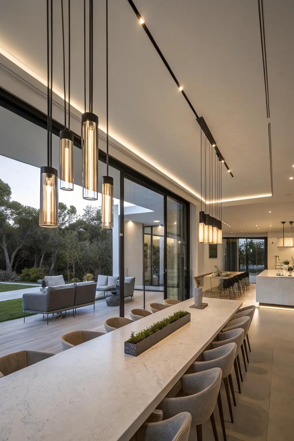 Straight overhead lights provide a sophisticated and refined look over extended tables.