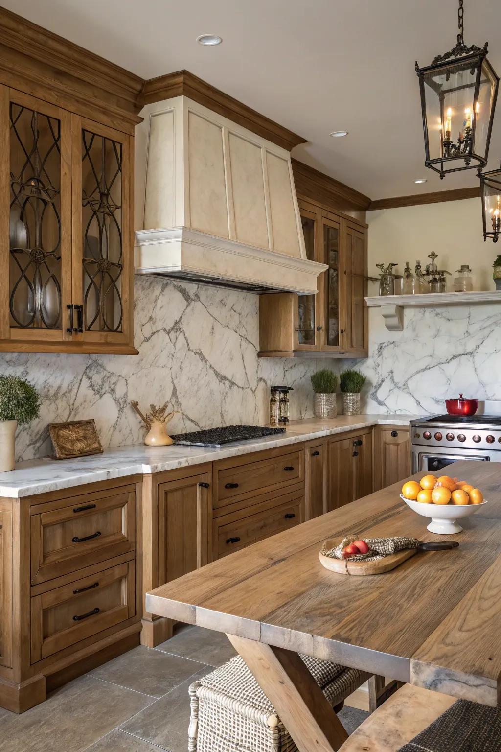 A farmhouse kitchen exhibiting a refined stone slab backsplash.