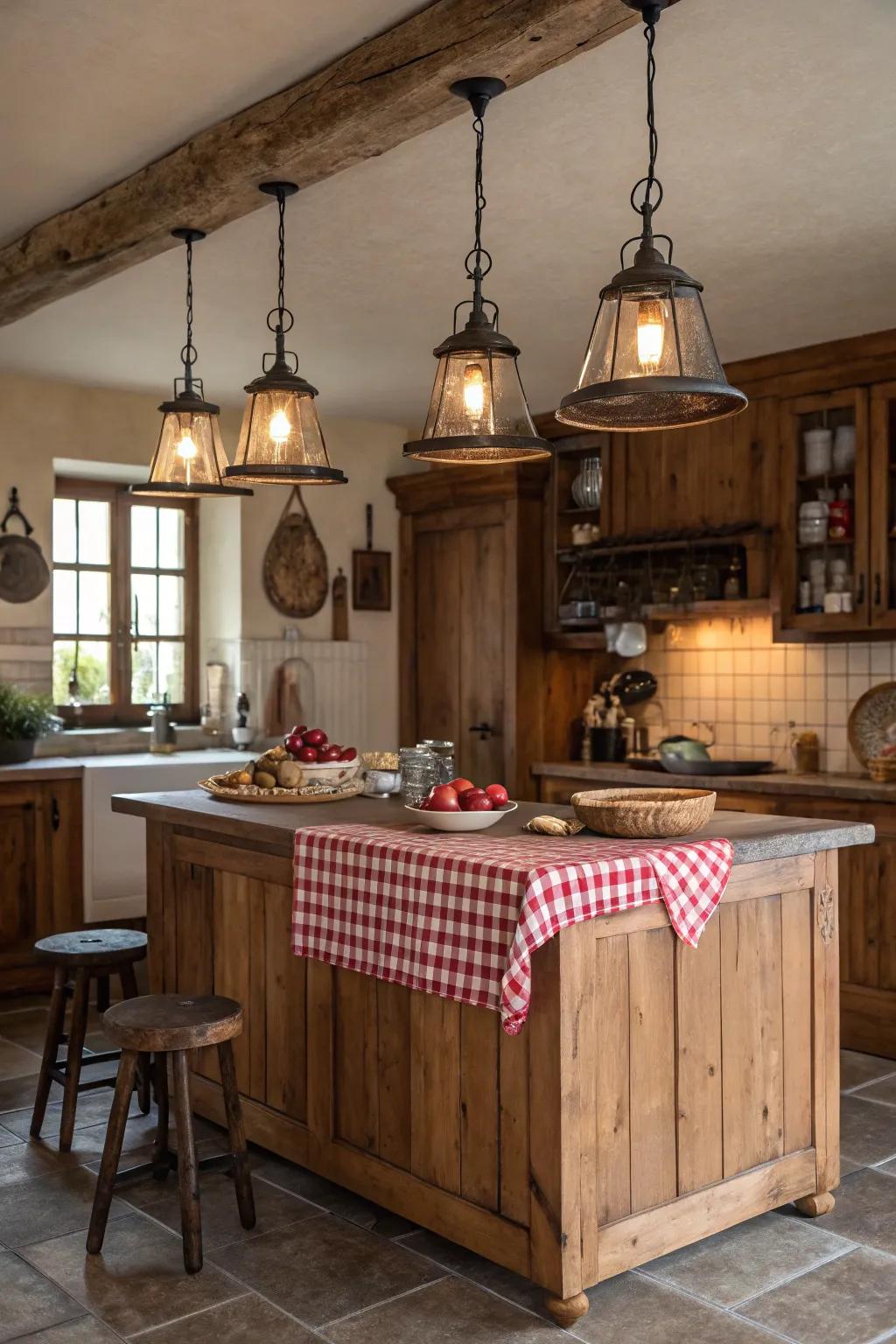 A farmhouse kitchen showcasing vintage hanging lights above a wood island.