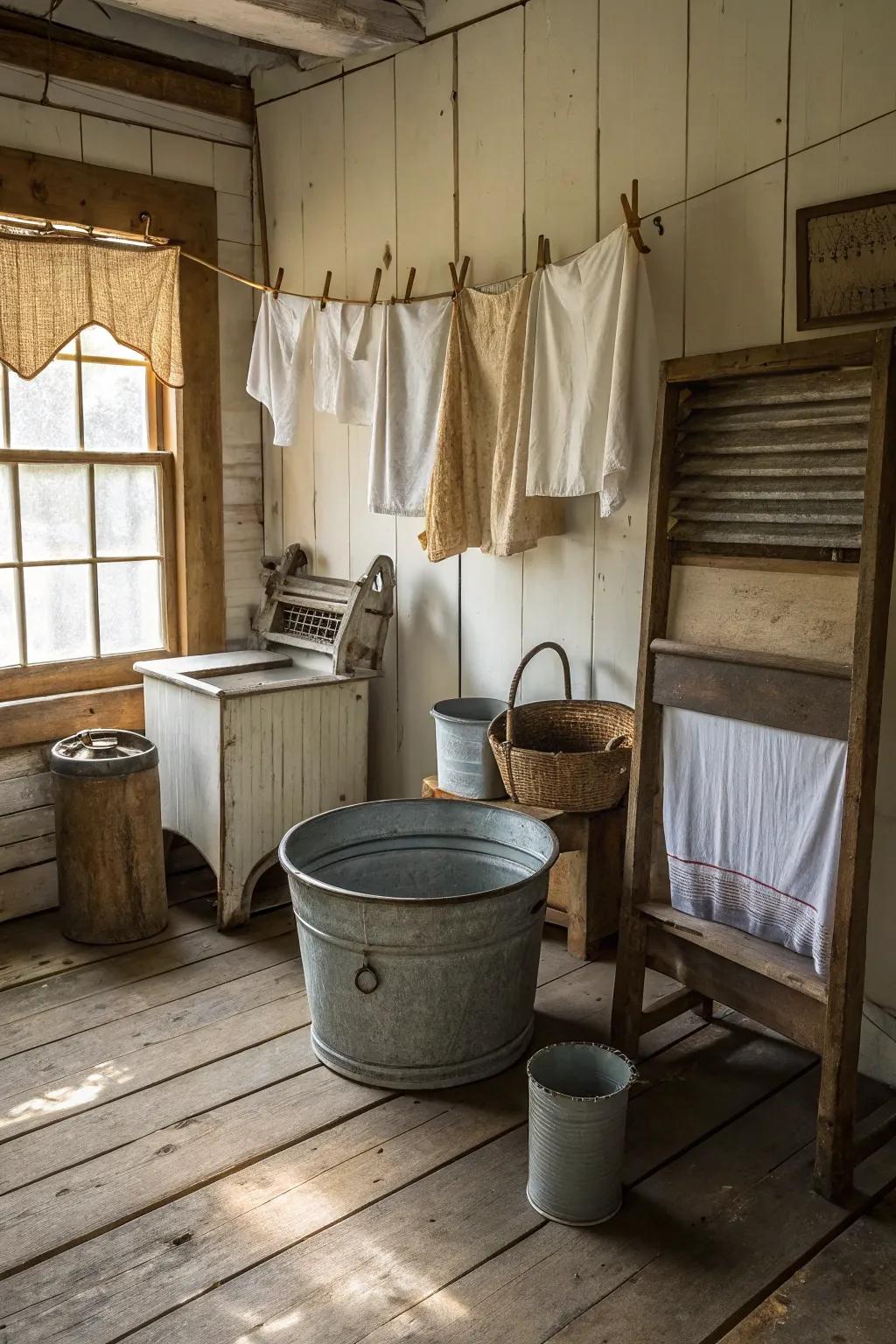 Metal details contribute an industrial feel to the rustic charm of this laundry area.
