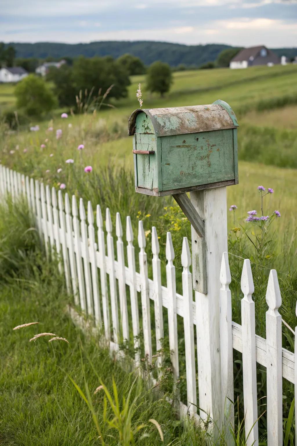 A quaint picket barrier serves as a delightful support for this farmhouse letterbox.