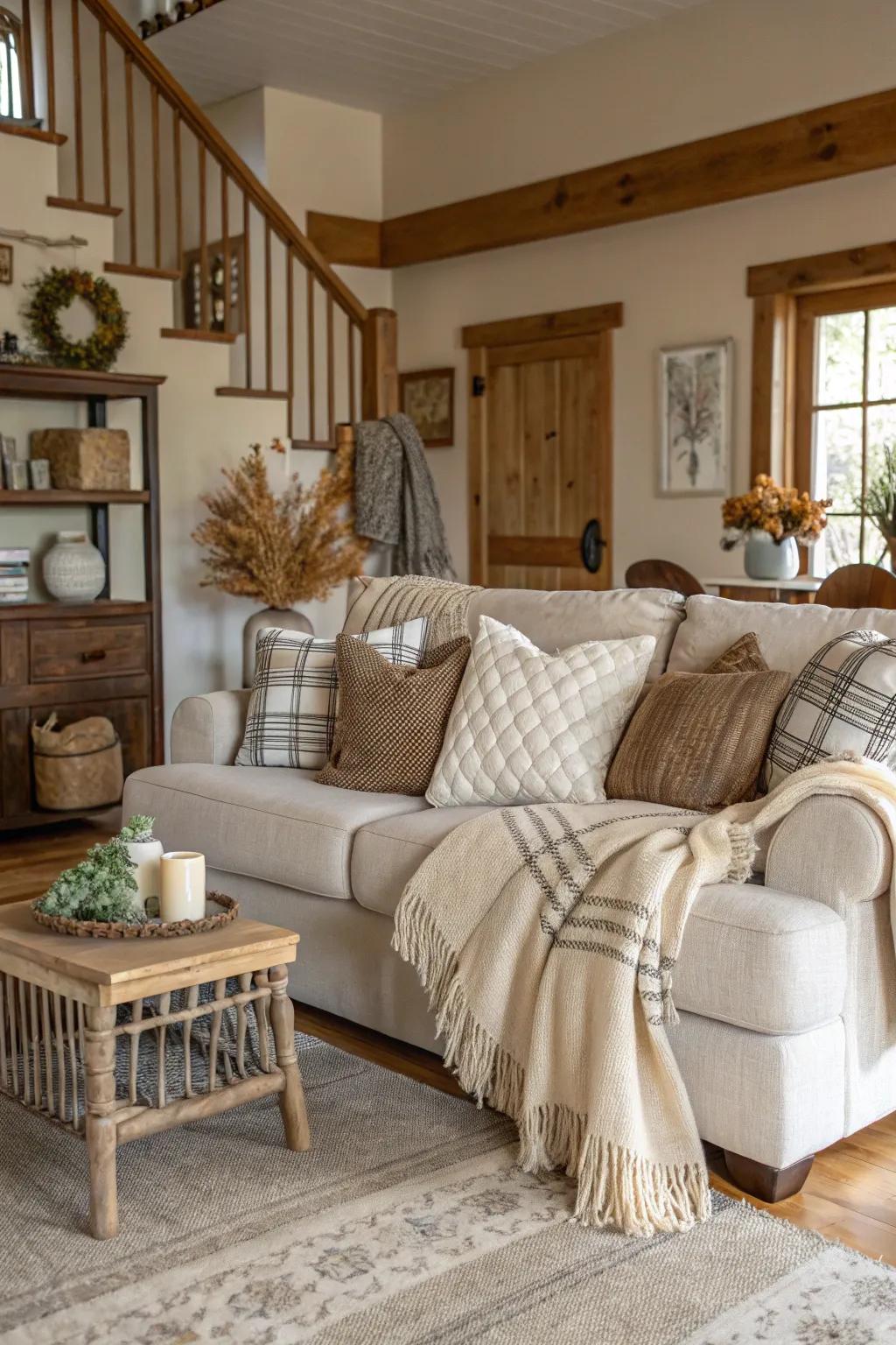 Textiles enrich farmhouse decor with warmth and comfort.