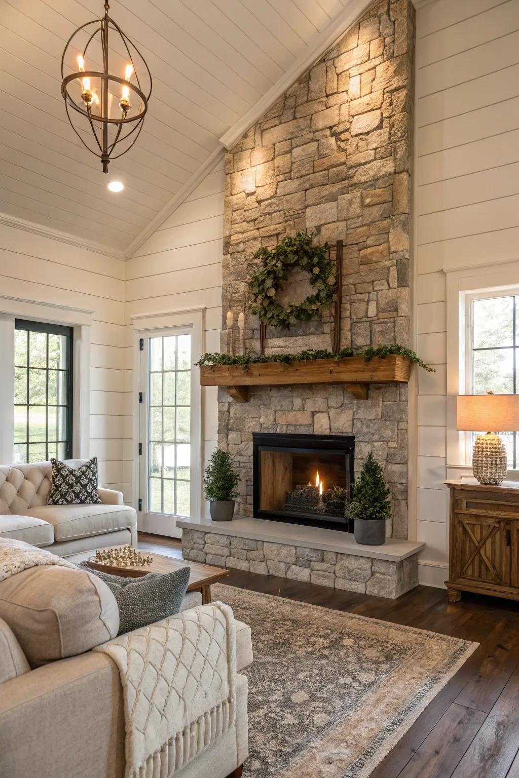 The combination of board and batten and stone enriches elegance and texture.