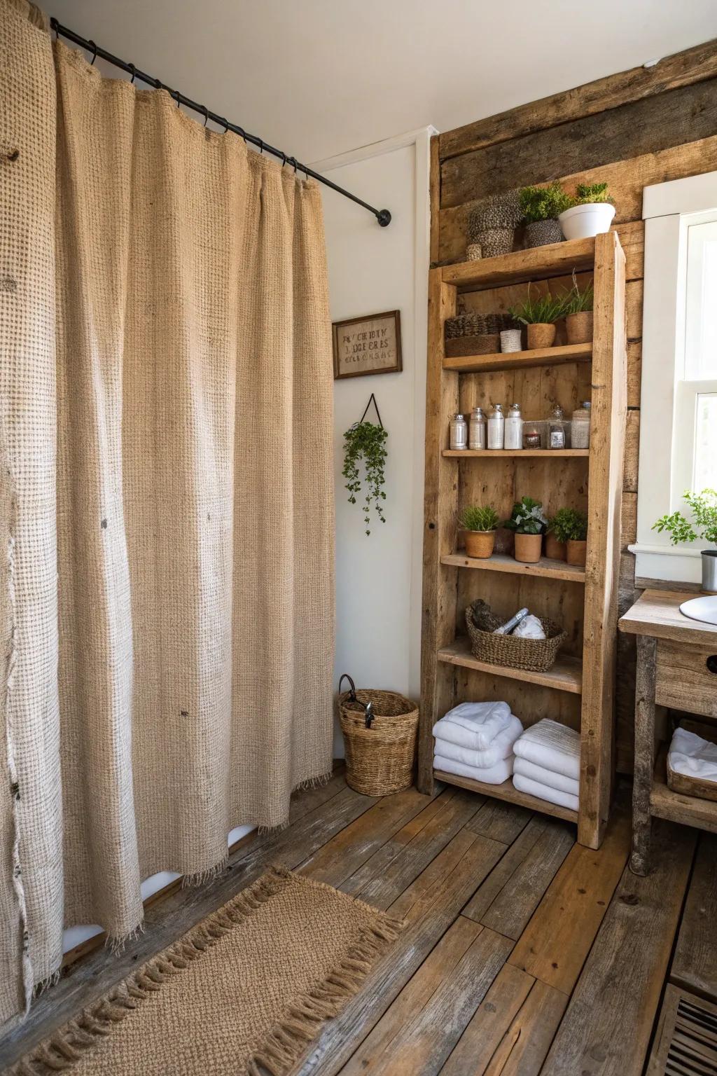 A rustic bathroom showcasing a grained hessian shower drape and timber shelves.