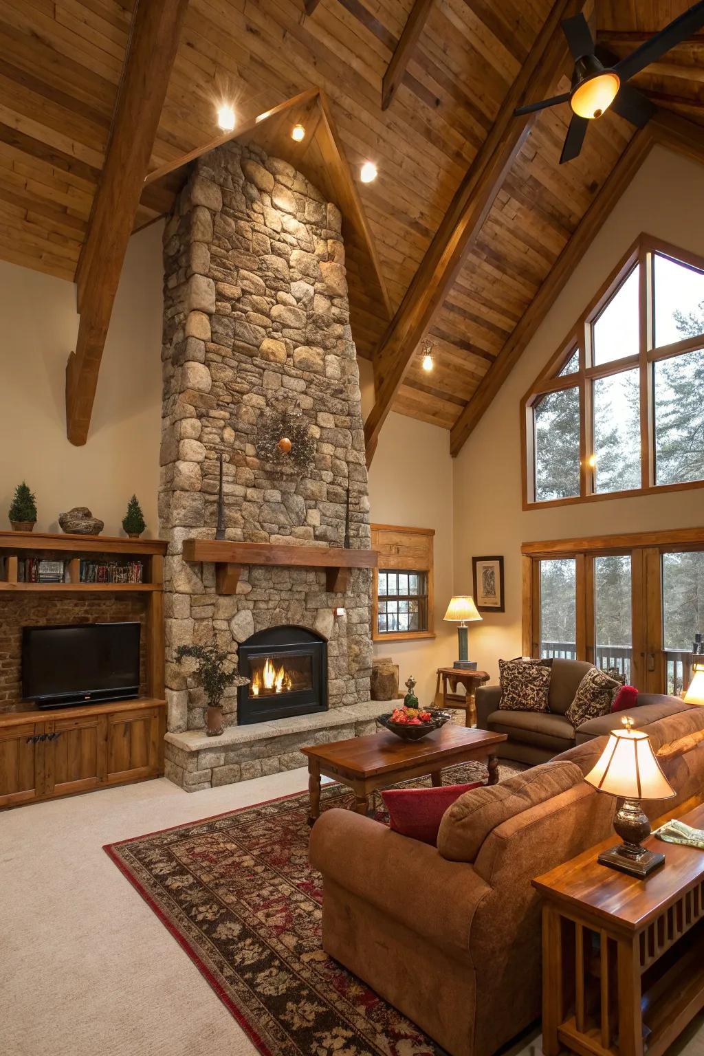 A sensational ground-to-ceiling stone hearth in a snug living area.