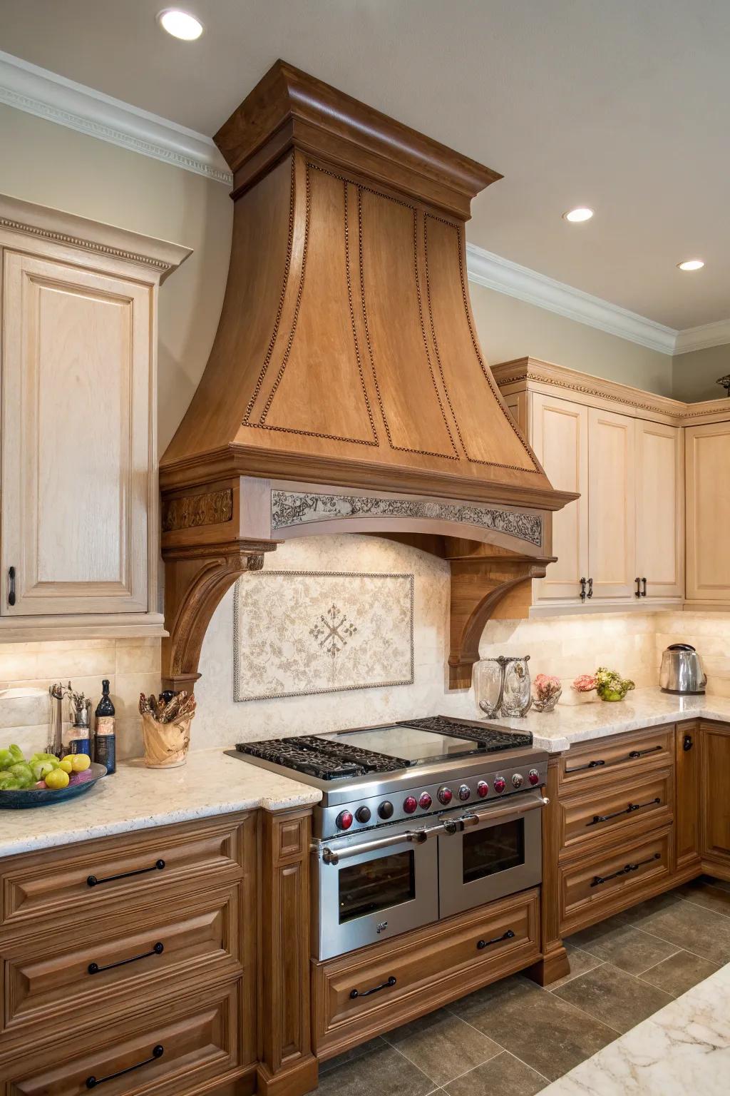 A curved range hood introduces softness to kitchen design.