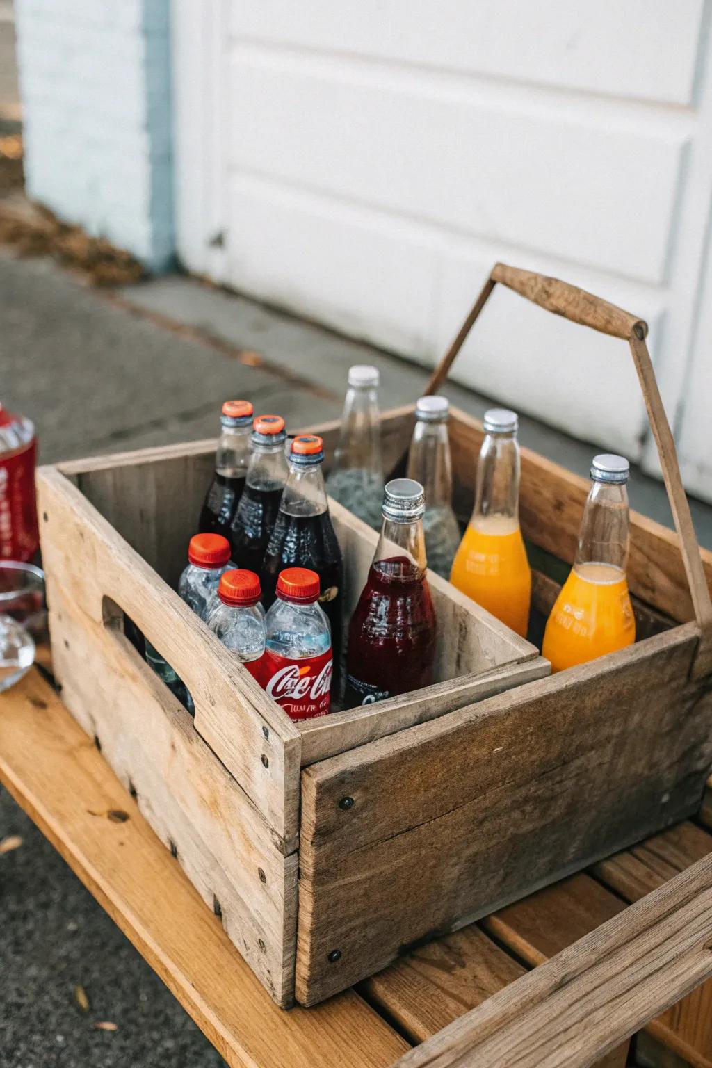 Entertain stylishly via a wood container drink display.