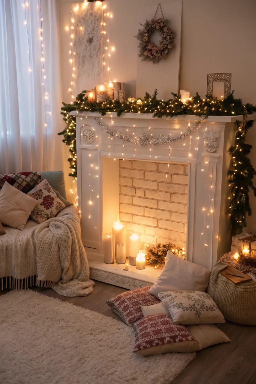An imitation fireplace glowing with the enchantment of twinkle lights.