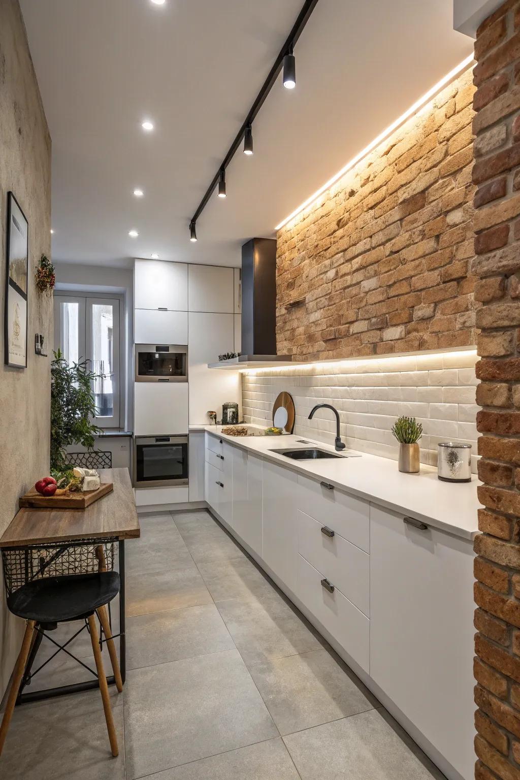 Uncovered brickwork injects earthy charm into this culinary space.