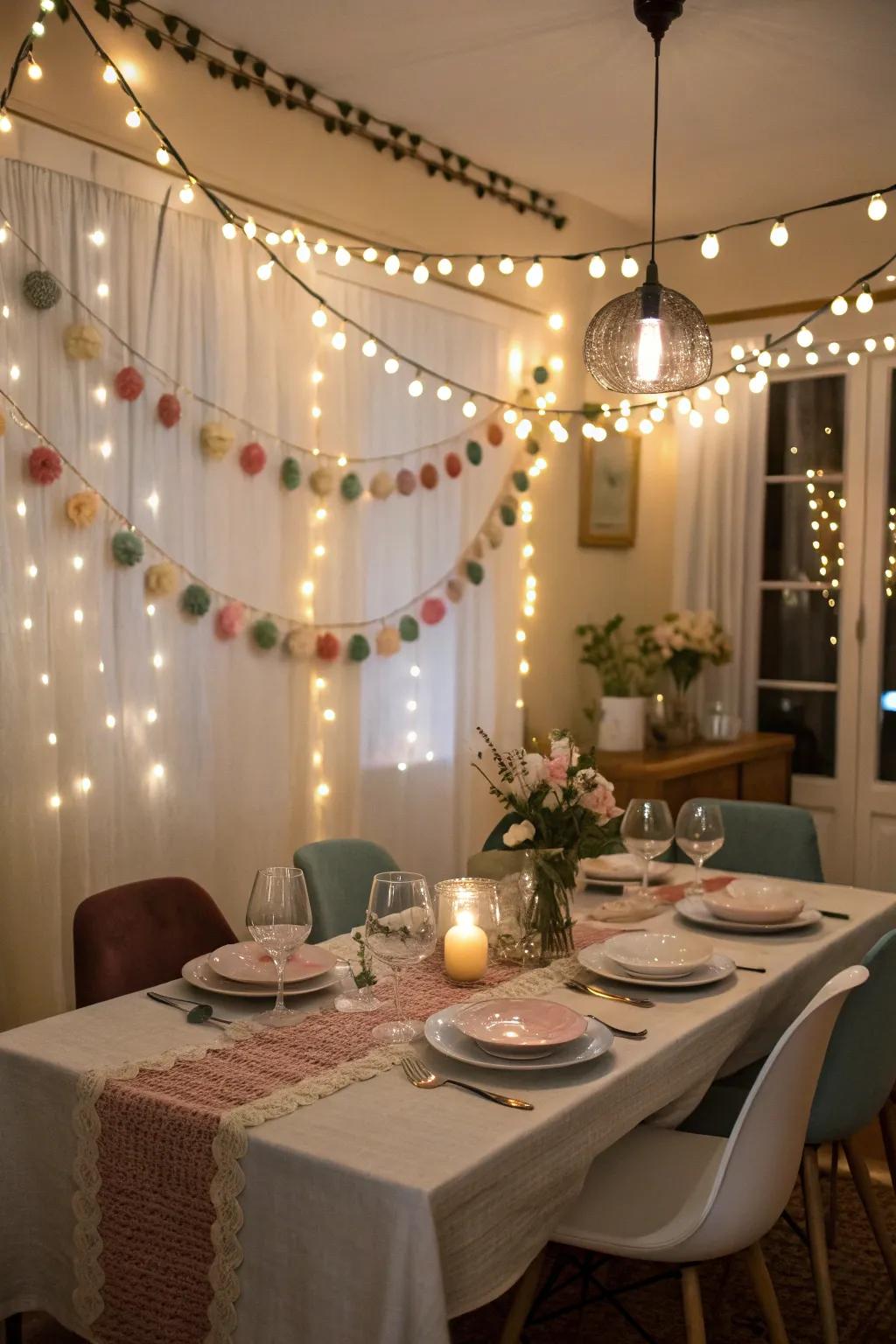 Felt garlands paired with lights bring sophistication and coziness to dining environments.