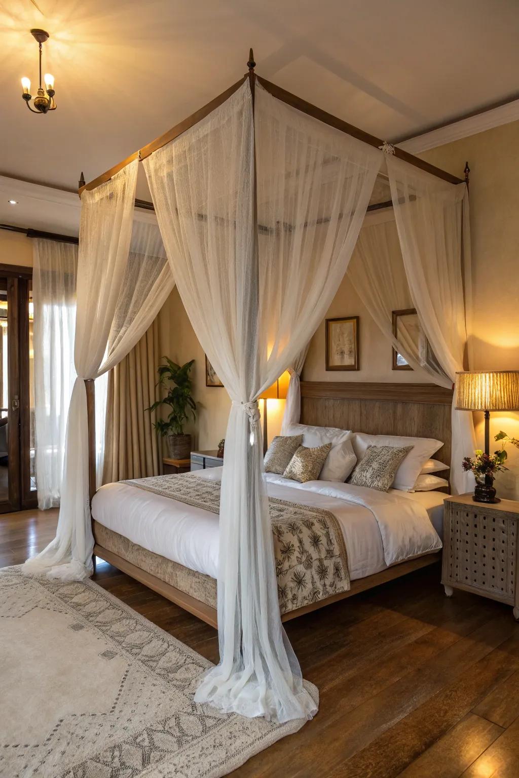 A romantic draped bed infusing a hint of enchantment.