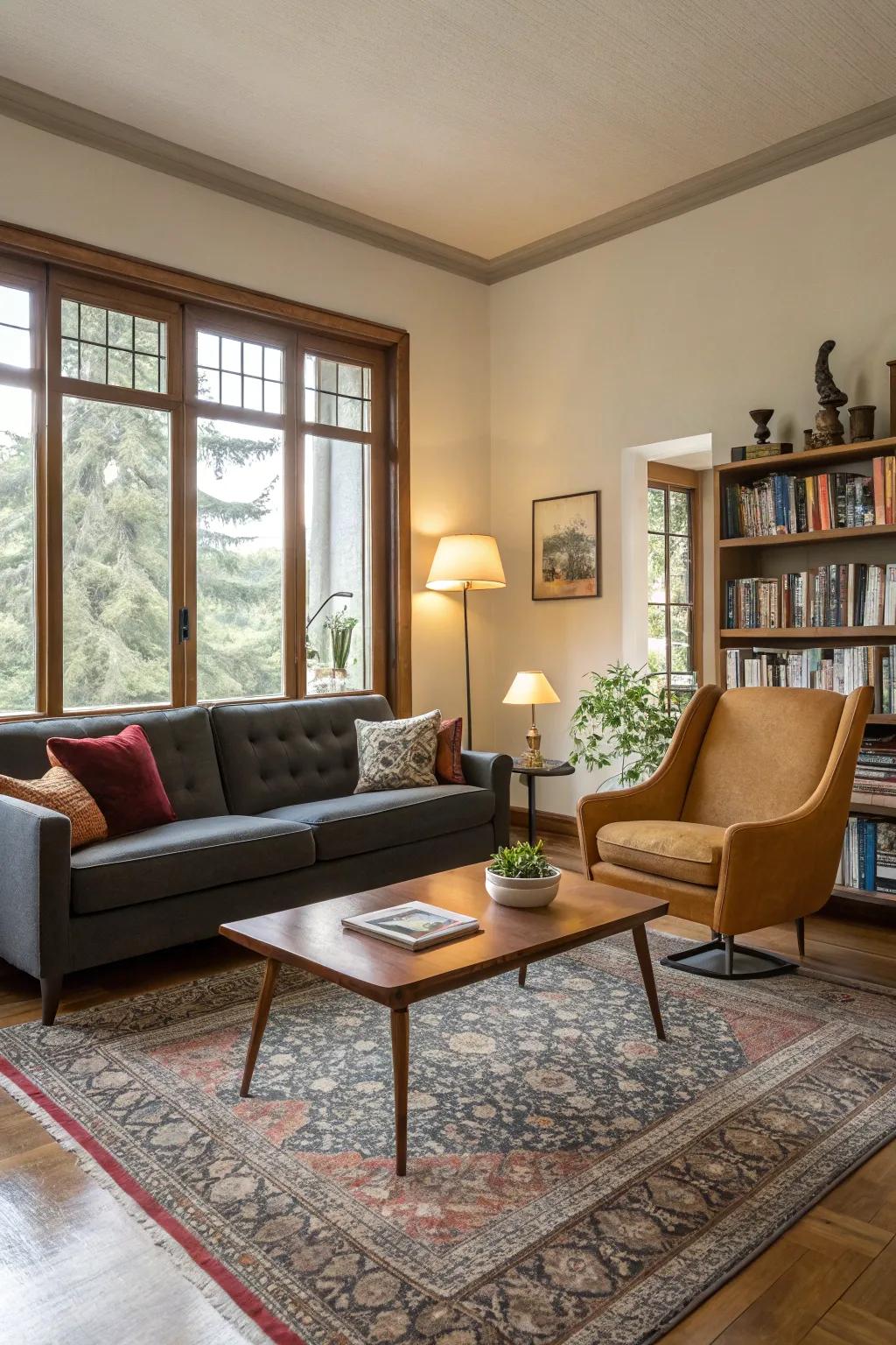 A harmonious blend of contemporary and classic furnishings in a living room setting.