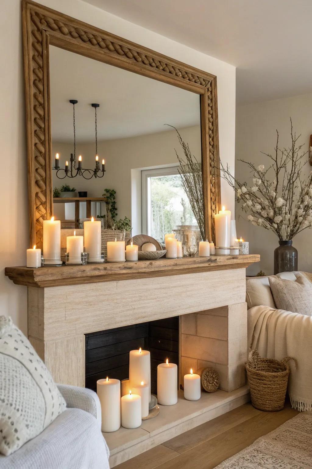 Amplify the radiance with a mirror behind your fireplace lights. ✨🪞 #InteriorInspiration #HomeDecor
