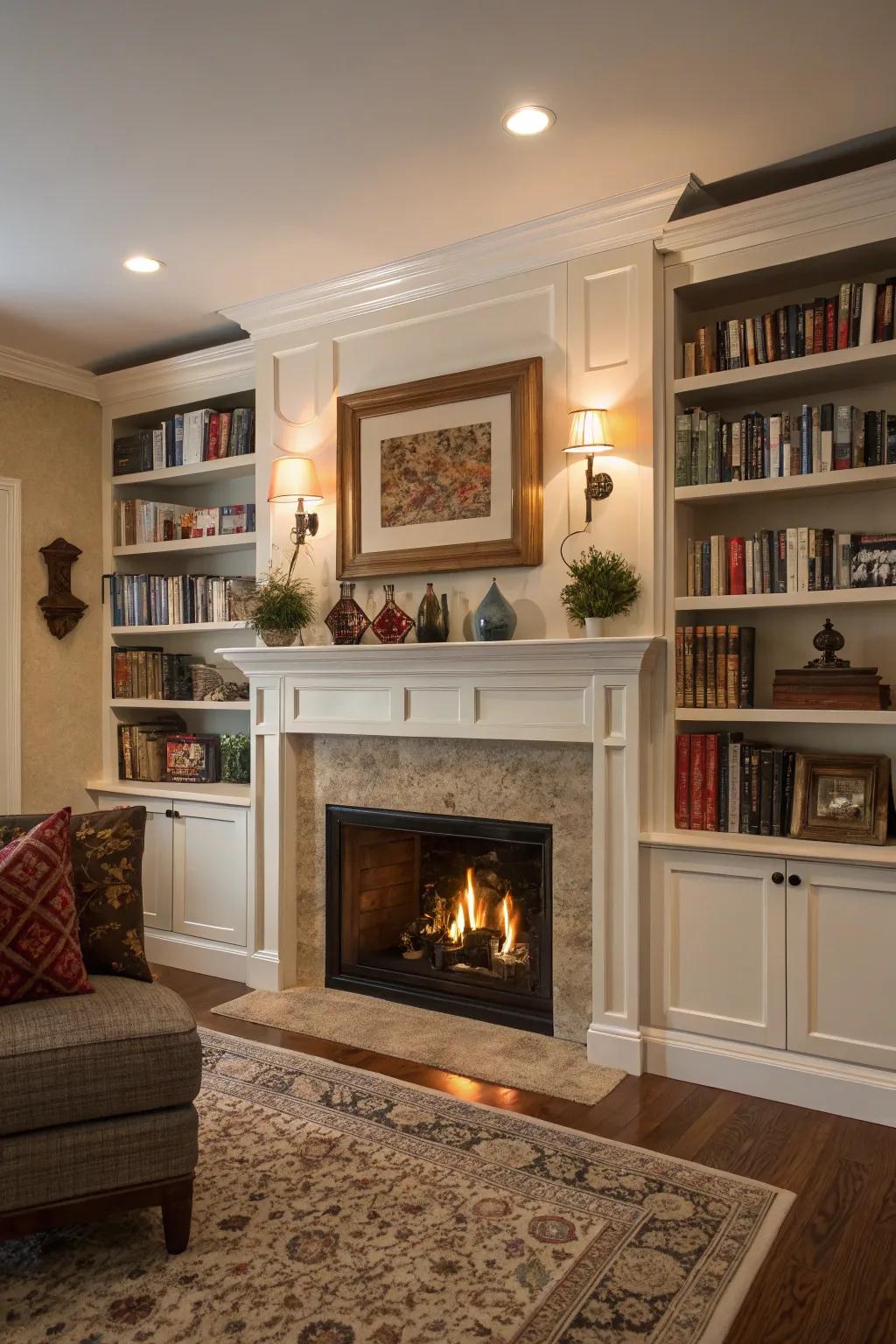 Built-in shelves enhance your fireplace with charm and practicality.