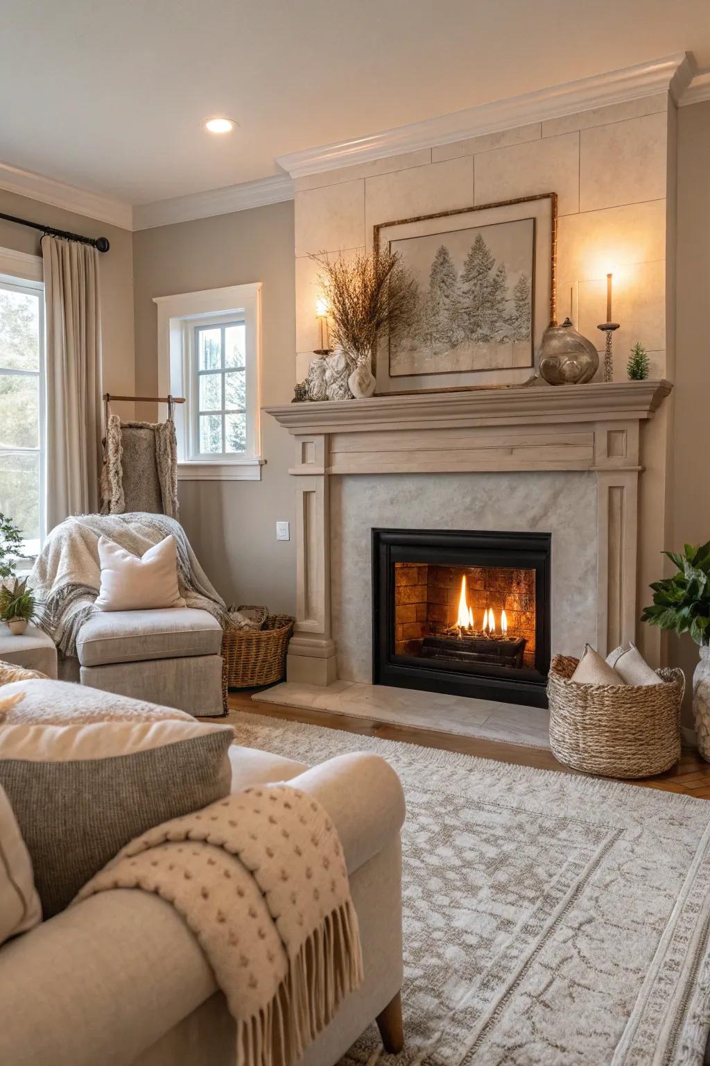 Achieve tranquility with a neutral palette around your fireplace.