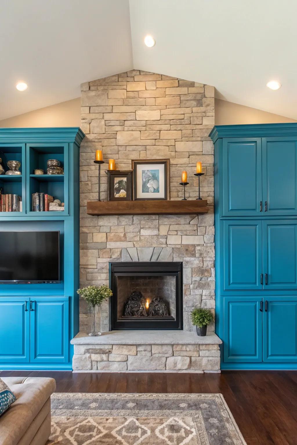 A splash of vibrant color introduces character and pizzazz to your fireplace cabinets.
