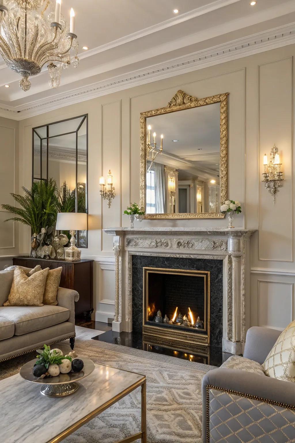 An elegant living space showcasing a fireplace with shiny accents and a mirror to maximize space.