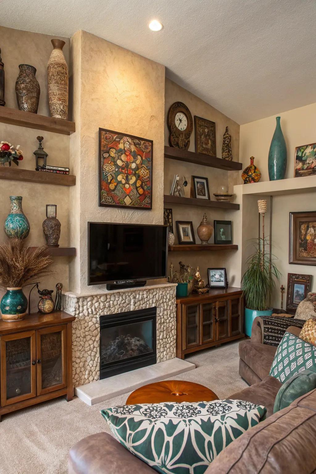 A living area with artistic pieces surrounding a fireplace wall and TV.