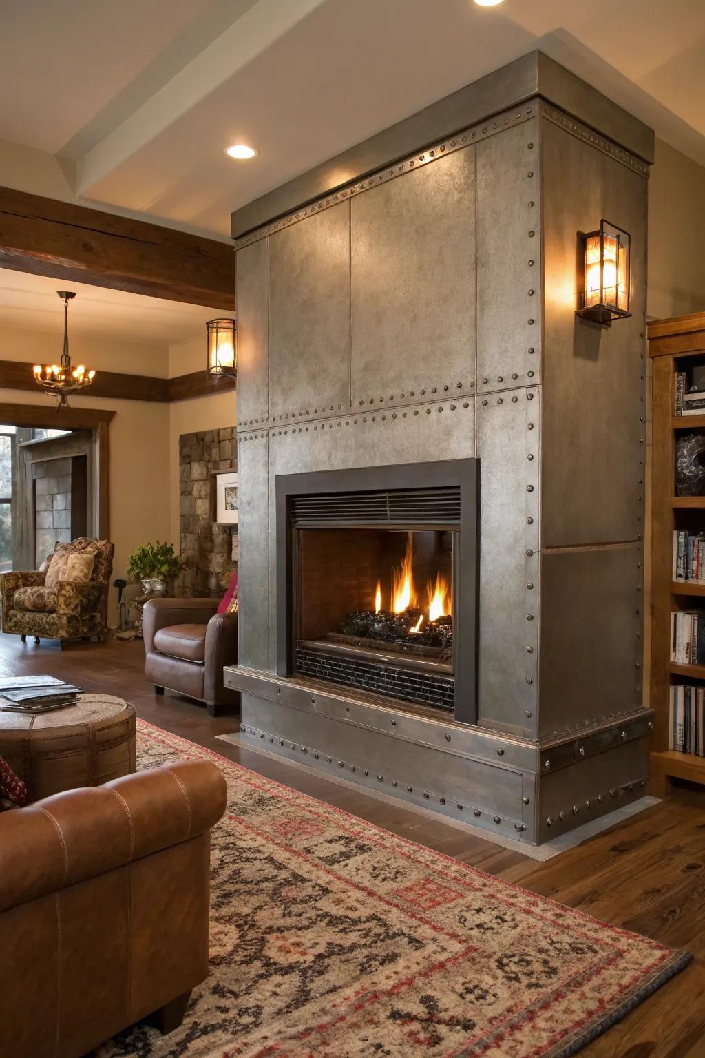 Industrial vibes are expressed through a sleek steel fireplace casing.